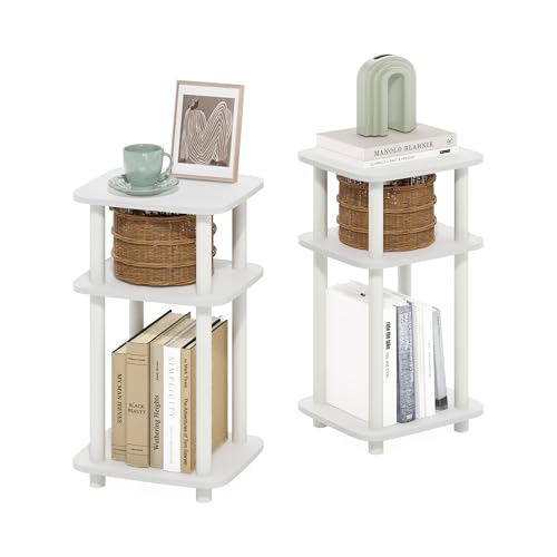 Image of Furinno JUST 3-Tier Telephone Table Set of 2, Turn-N-Tube Toolless Side Table with Open Shelf, Round Curve Corner Night Stand, Bedside Table, for Living Room, Bedroom, White
