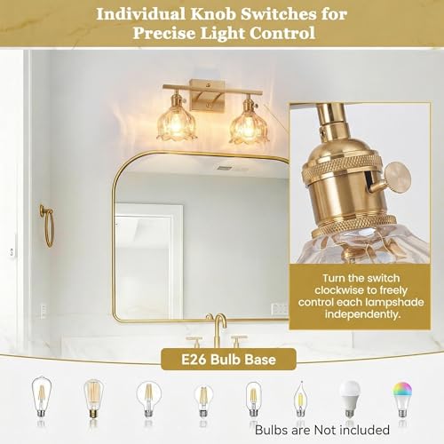 Image of 2-Light Amber Tulip Glass Vanity Light, Brushed Gold Vintage Bathroom Wall Sconce, 14.5 inch Antique Brass Wall Lamp for Mirror, Powder Room, Bedroom (Individual Rotary Switches, Bulbs Not Included)