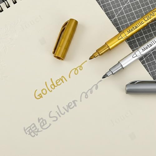 Image of JOUET Metallic Craftwork Pen Set, Gold and Silver Water Based Markers, Fine Tip, 12 Pieces, Low Odour, Waterproof, for Paper, Glass, Wood, Metal