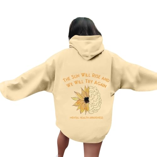 DHYUEN Hoodie Damen Elegant Print Pullover Aesthetic Winter Clothes Fall Sweater Sweatshirt Autumn Langer Kapuzenpullover Tops Blumendruck Halloween Oversize Lang (Khaki,L)