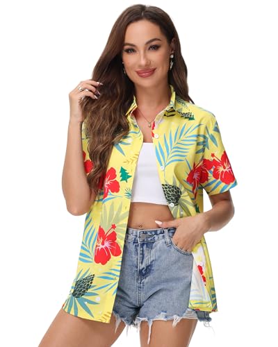 Blueleaf Hawaiian Shirts for Women Short Sleeve Button Down Shirts Women's Beach Aloha Tropical Floral Shirts