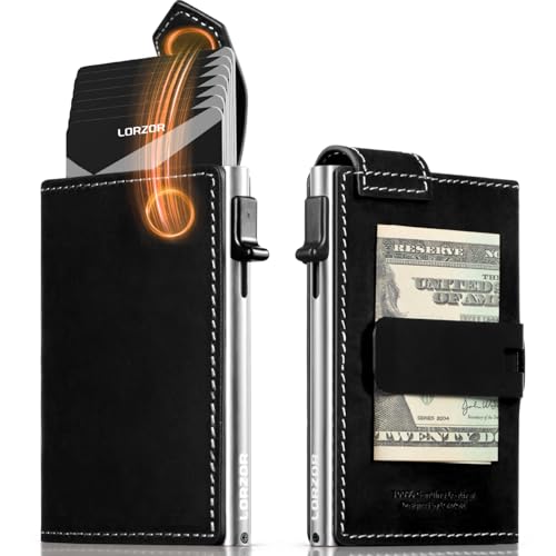 LORZOR Slim Wallet for Men with Security Latch, Pop Up Metal Card Holder Wallet, Finest Full Grain Leather Bifold Wallets, Smart, Minimalist, RFID Blocking, Front Pocket, ID Window