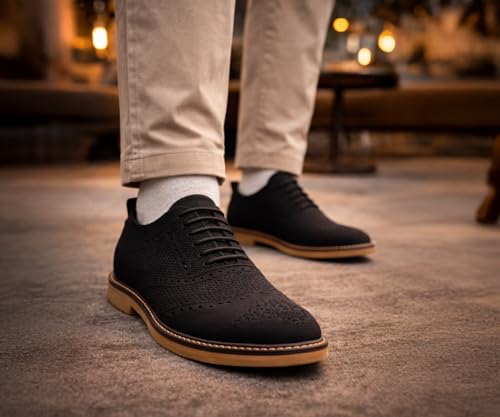 Image of Kraasa Men's Casual Sneaker Lace-Up Oxford Shoes | Breathable Knit Upper | Lightweight & Comfortable | Stylish Brown Sole | Office