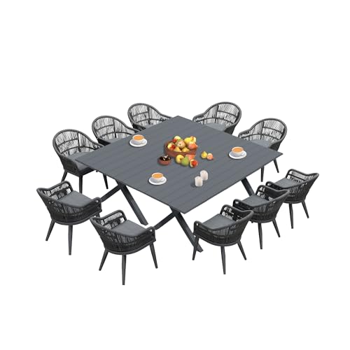 Image of PURPLE LEAF 12 Pieces Patio Dining Set with Outdoor Aluminium Dining Table and Woven Chairs Modern Metal Furniture Cushions Sets for Garden Yard Indoor Decor Kitchen Gray