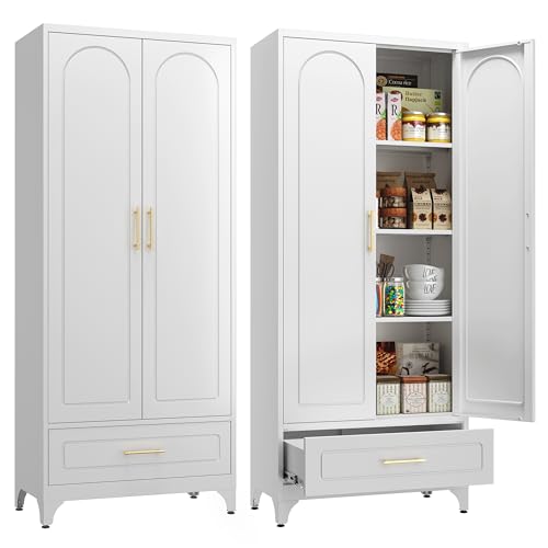 Metal Storage Cabinet with Drawers,75Inch White Pantry Cabinets for Kitchen Storage with 3 Adjustable Shelves,Tall Kitchen Pantry Cabinet for Living Room, Dining Room Office White 75 Inch wi
