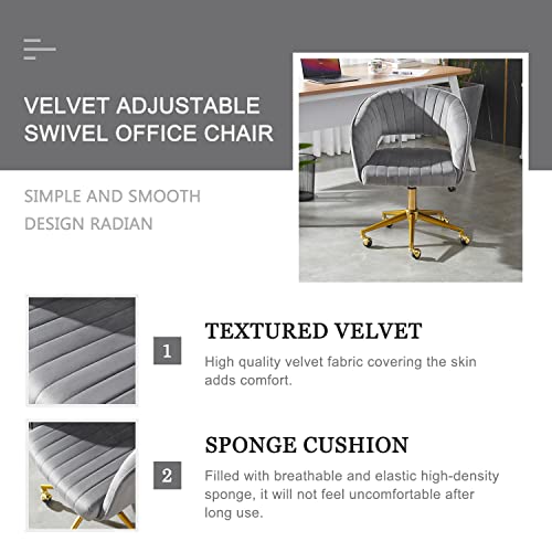 Qtivii Velvet Home, Adjustable Swivel Office Chair With Gold Base, Home Office Desk Chair For Living Room, Bedroom, Vanity, Study (Grey) #TOP1