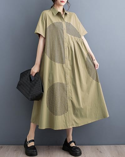 Image of ellazhu Women's Short Sleeves Button Down Patchwork Pattern Print Shirt Dress GZ151