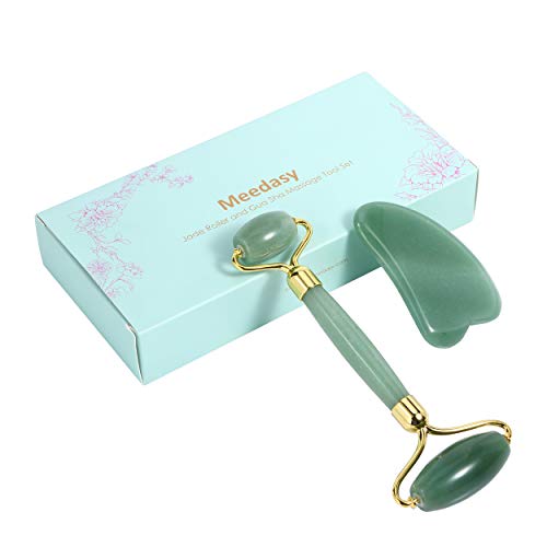 Meedasy Jade Roller for Face - Gua Sha Tools - 100% Real Jade Face Roller Massager Set - Anti Aging Wrinkle Puffiness Facial Skin Jade Rolling Treatment Therapy