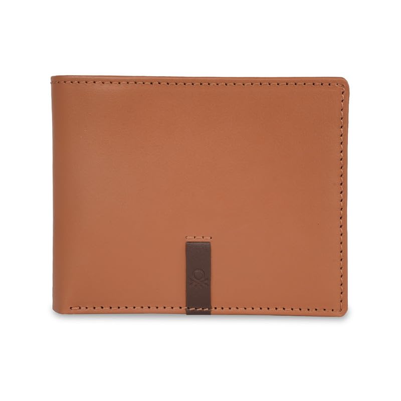 United Colors of Benetton Men RFID Protected Derwent Slimfold Wallet – Tan+Brown, No. of Card Slot: 8 | Tape Inlayed Slimfold Wallet with Side Closure | Leather