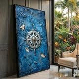 XBTYKPB Toile vintage Rose des vents, art mural nautique, fond bleu, peinture maritime, toile de navigation océanique, décoration intérieure (40 x 70 cm/cadre intérieur)