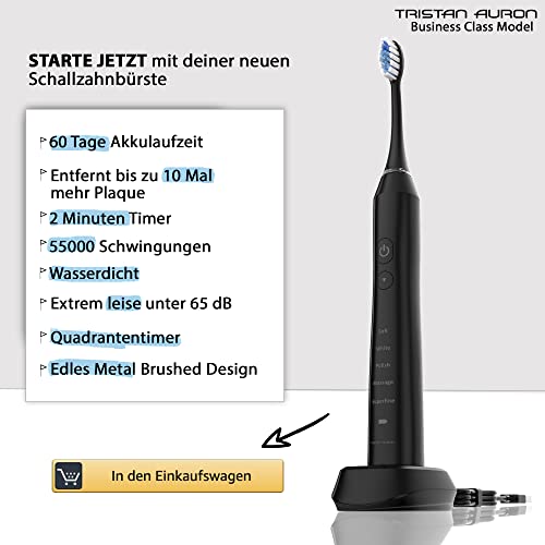 Tristan Auron Schallzahnbürste - 55.000 Schwingungen - 5 Modi - 60 Tage Akku + inkl. Etui mit UV Desinfektion und 6 Ersatzbürste und 2 Zungenreiniger - Business Class blau – Bild 5