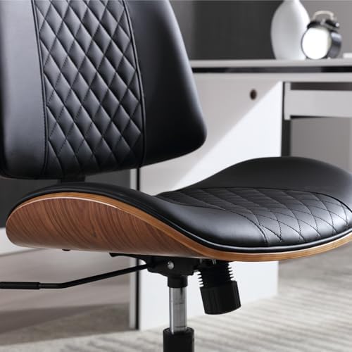 Armless Office Chair with Wheels, PU Leather Adjustable Height Desk Chair - 360° Swivel Ergonomic Computer Chair for Small Space, Modern Walnut Style, Home & Meeting Room, Black - Thumbnail 5