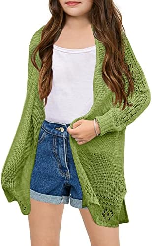 Misassy Girls Open Front Knit Batwing Sheer Cardigans Summer Boho Lightweight Long Sleeve Kimono Long Sweater Green