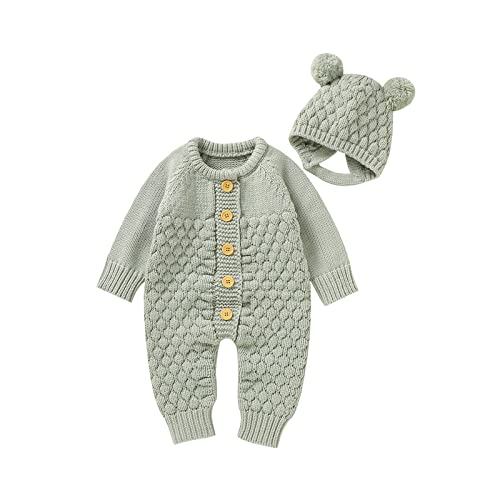 Image of Sduydiosy Newborn Baby Boy Winter Outfits Long Sleeve Solid Color Knitted Romper Sweatshirt with Bear Hat Cute Infant Clothes (Light Green, 0-3 Months)