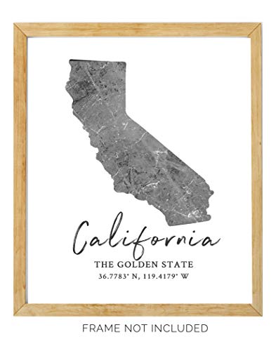 California State Map Wall Art Print - 8X10 Silhouette Decor Print With Coordinates. Makes A Great Ca-Themed Gift. Shades Of Grey, Black & White. #TOP2