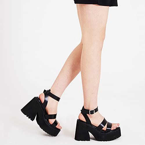 Celnepho Womens Platform Sandals Comfort Open-Toe Chunky Block High Heel Fashion Strappy Punk Goth Walking Sandals Summer Black Sandals #TOP3