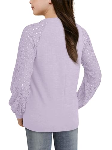 Image of Apbondy Girls Long Sleeve Shirts Lace Crewneck Blouses 5-14 Years