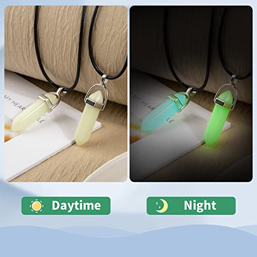 TXIN Glow in the Dark Crystal Pendant Necklace, Luminous Hexagonal Moonstone, Fluorescent Stone, Glowing Gemstone Quartz With Black Leather Chain for Women Men4