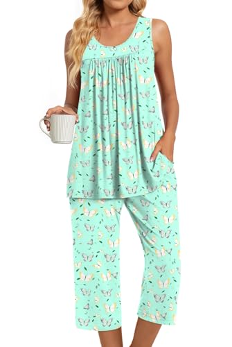 Image of TAOHUADAO Womens Summer 2 Piece Pajama Sets, Sleeveless Tops with Capri Pants, Lounge Ladies Pjs Sets with Pockets