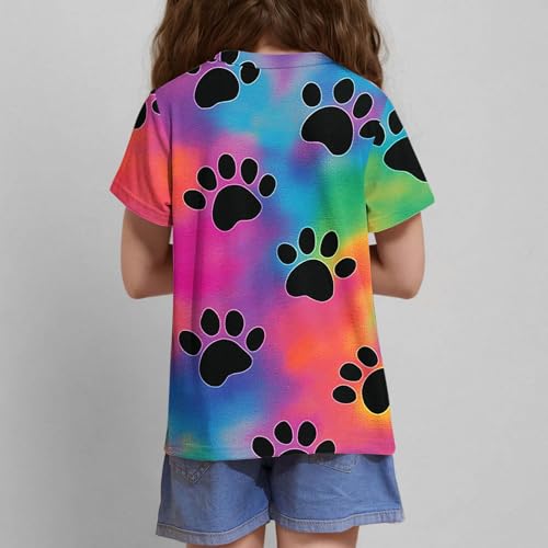 Girls Tie Dye Cute Paw Printed Short Sleeve T-Shirts Basic Crewneck Graphic Tees Loose Casual Summer Tops for Kids 3-14 Years4