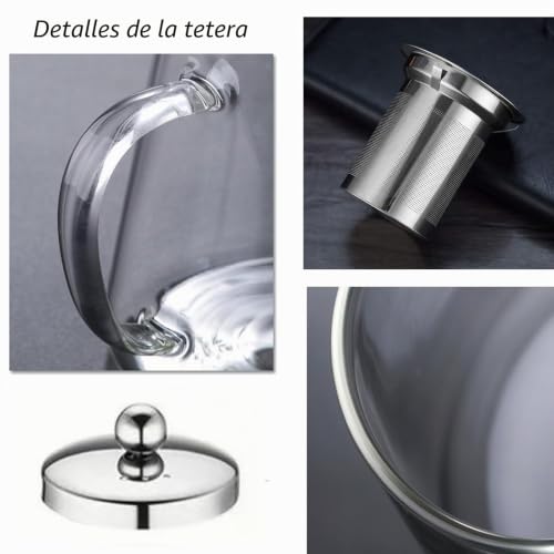 Té de vidrio de borosilicato tetera con colador de 550 ml transparente para té suelto 8
