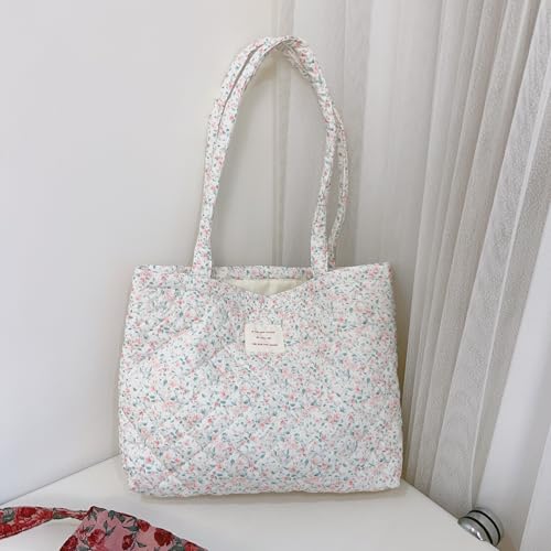 Image of Floral Quilted Cotton Shoulder Bag for Women Daily Use Medium Size Handbag Large Capacity Thickened Design Tote