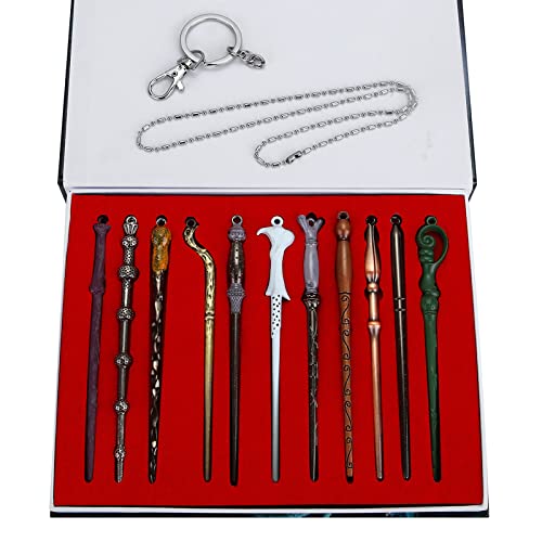 HCSUI 11 Stück Magic Zauberstab Ketten Set Hermine Dumbledore Metall Zauberer Zauberstäbe Stick fur Erwachsene mit Schlüsselbund und Halskette in Einem Geschenkkarton