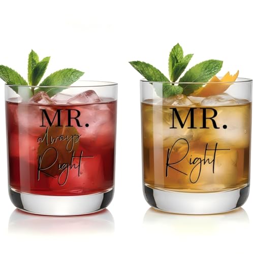Physkoa Funny Mr & Mr Whiskey Glasses Set – “Mr Right” & “Mr Always Right” – 10oz Gay Couple Wedding Gift, Engagement, Anniversary or Newlywed Gift for LGBTQ+ Men