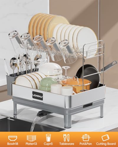 LIONONLY 2 Tier Dish Drainer Rack,Premium 304 Stainless Steel Dish Drying Rack,Anti-Rust Draining Board Rack with Cup Holder,Swivel Spout & Utensil Holder,Dish Racks for Kitchen Counter - Image 6