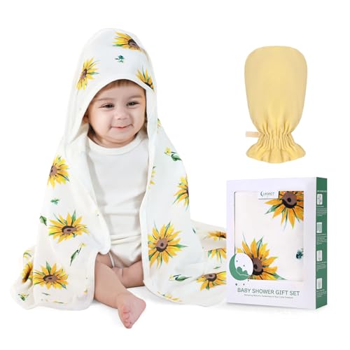 Image of Hooded Baby Towel for Newborn - Viscose Derived from Bamboo, Toddler Bath Towel and Glove Set Perfect Shower Gifts for Boys and Girls, 28 inchx28 inch Inch (Sunflower)