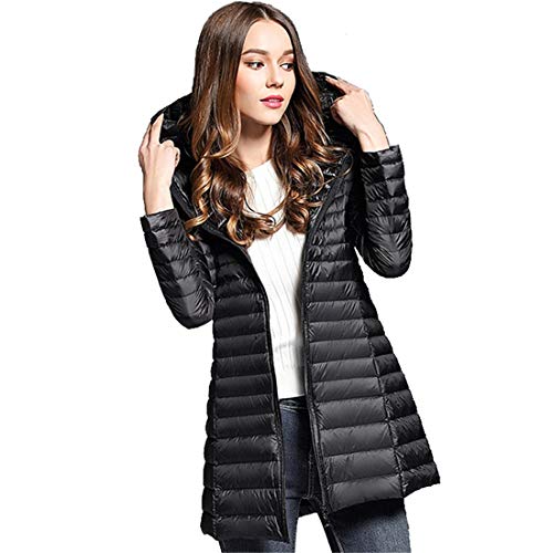Ultra Légère Doudoune à Capuche Longue Femme en Duvet de Canard Blanc Manteau Hiver Down Veste Compressible Outdoor Sport Noir Medium Cover