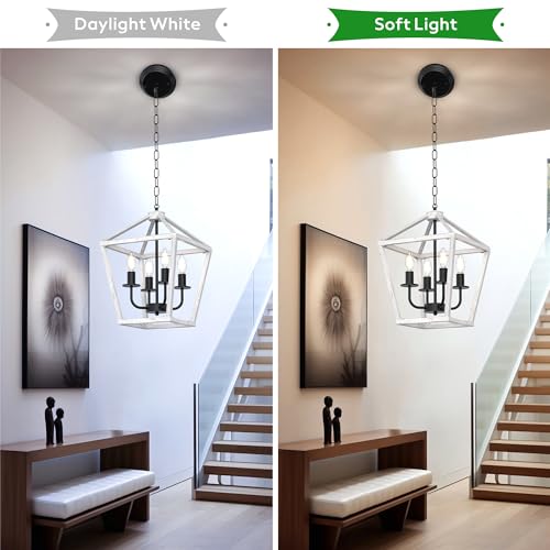 Image of Farmhouse Lantern Chandelier 4-Light, Industrial Brushed White Oak Ceiling Light Fixture with Open Cage and Adjustable Hanging Height, E12 Base for Kitchen Island, Dining Room, Entryway, Foyer