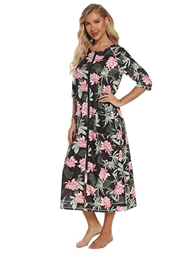 Image of Veseacky Women Robe Zipper Front House Coat 3 /4 Sleeve Nightgown Full Length Ladies Lounge Dress with Pockets S-XXL