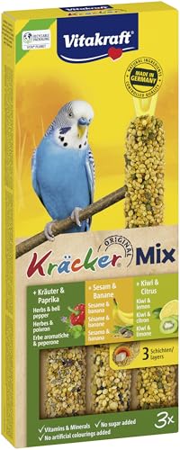 VITAKRAFT- Kräcker Mix, Snack Pour Oiseaux, Pour Perruches, Sticks À Grignoter, Aux Herbes Et Paprika, Kiwi Et Agrumes, Banane Et Sésame, Sans Sucres Ajoutés (1X 90G)