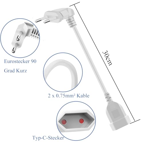 MejaRizon 90 Grad Verlängerungskabel Flach, Verlängerungskabel mit Flachstecker, Verlängerungskabel Kurz Typ-C-Stecker Eurostecker auf Typ-C Euro für Bildschirm, Lampe, Haushaltsgeräte(Weiß)