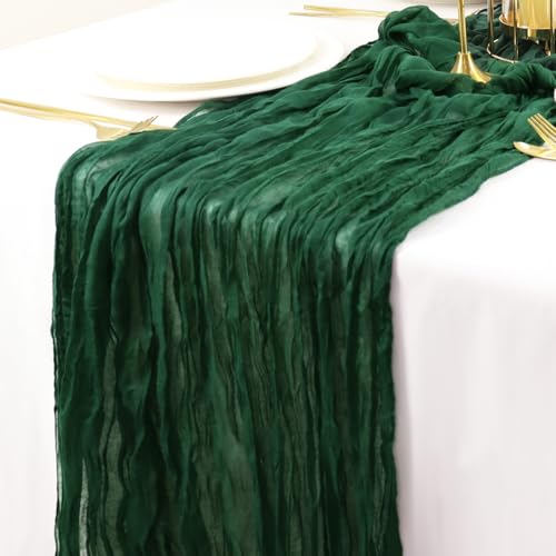ROMANKAS 2 Pack 10FT Cheesecloth Table Runner Hunter Green 120 inch Boho Cheese Cloth Rustic Wedding Table Decor Vintage Cheese Fabric Table Cover Emerald Green Gauze Table Runners for Reception