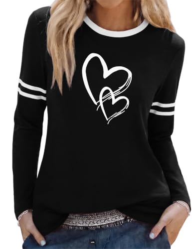 Image of Aottori Womens T-Shirt Long Sleeve Heart Print Crew Neck Black S