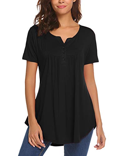 Halife Summer Tops For Women Casual Short Sleeve Blouse Henley V Neck Loose Fitting Tunic Shirt Black L #TOP2