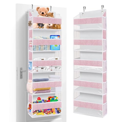 Image of homyfort Over the Door Hanging Organizer with 5 Large Pockets 10 Mesh Side Pockets, 5-Shelf Extra Large and Sturdy Hanging Storage Organizer for Pantry, Nursery (Pink)