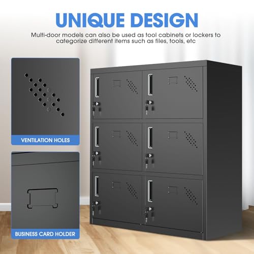 Image of DNA Motoring Metal Storage Cabinet for Employees with Keys, 39 inch Employees Metal Locker with 6 Doors, Tall Storage Lockers for Garage,Office,Home,Gym, Black, TOOLS-00792-BK-BK