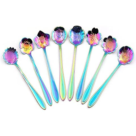 Flower Spoon Set, niceEshop Stainless Steel Teaspoon Colorful Coffee Spoon Tea Spoon Mixing Spoon Sugar Spoon, Set of 8, Rainbow Cover