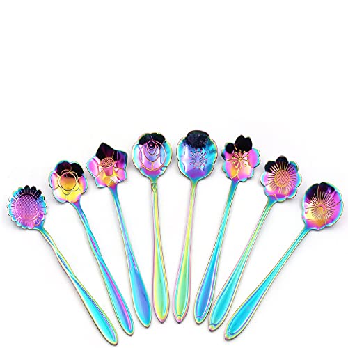 Flower Spoon Set, niceEshop Stainless Steel Teaspoon Colorful Coffee Spoon Tea Spoon Mixing Spoon Sugar Spoon, Set of 8, Rainbow