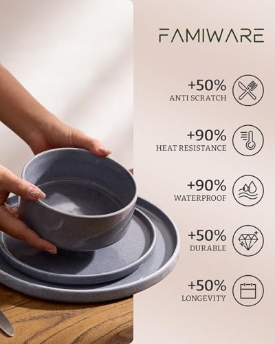 Image of Famiware Annecy Plates and Bowls Sets, Service for 4 (16 Pieces), Dinnerware Sets with Pasta Bowls, Microwave and Dishwasher Safe Dishes Set, Chip and Scratch Resistant, Misty Blue