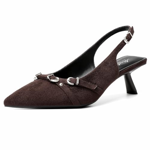 Image of Mostrin Kitten Heels for Women Pointed Toe Pumps Patent Leather Low Heel Slingback Heels with Buckle Dress Shoes for Dating Party Working