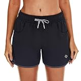 HODOSPORTS Women's 4" Swim Shorts Quick Dry Board Shorts Swimsuit Bottom with Pockets Black L