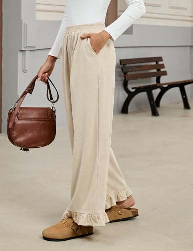Omoone Womens Corduroy Pants Wide Leg Ruffled Hem Elastic Waist Lounge Cord Pants with Pockets4