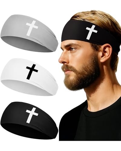 Shihanee 3 Pcs Christian Headbands for Men Jesus Cross Athletic Sweat Bands Christian Workout Accessories Moisture Wicking Sports Hairbands for Football Baseball Basketball Running Training(Classic)