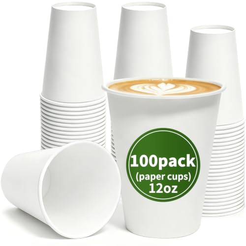 PULOSPACK 100 Pack 12oz Paper Coffee Cups Extra Thick Leakproof Rolled Rim