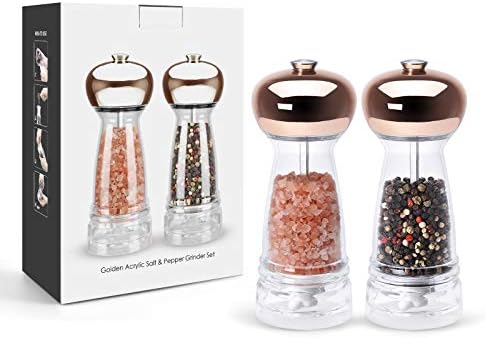 Vevouk Rose Gold Salt and Pepper Mill Grinder Set Refillable ,Adjustable Ceramic Burr Salt Spices Shaker Set of 2 Clear Acrylic Mills Golden Color