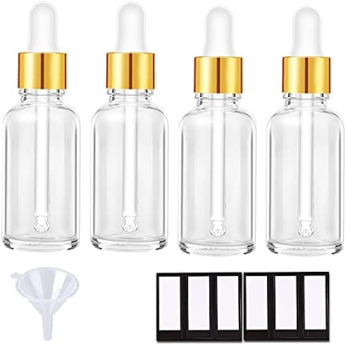 PrettyCare Eye Dropper Bottle 1 oz (4 Pack Clear Glass Bottles 30ml with Golden Caps, 1 Extra Plastic Measured Pipettes, 12 Labels, Funnel) Empty Tincture Serum Bottles for Essential Oils, Perfume